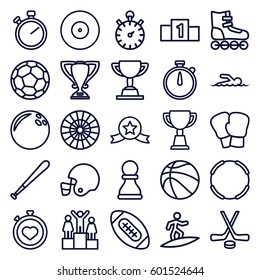 competition icons set. Set of 25 competition outline icons such as trophy, stopwatch, swimmer, surfing, hockey, chess pawn, baseball bat, american football, basketball