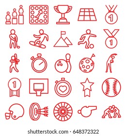 Competition icons set. set of 25 competition outline icons such as exercising, ranking, stopwatch, board game, baseball player, golf player, snowboard, basketball basket