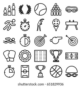 Competition icons set. set of 25 competition outline icons such as field, exercising, target, ranking, running, stopwatch, football pitch, trophy, gymnastic apparatus