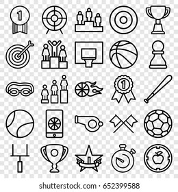 Competition icons set. set of 25 competition outline icons such as ranking, trophy, target, stopwatch, basketball, football on phone, basketball basket, 1st place star