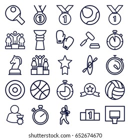 Competition icons set. set of 25 competition outline icons such as ranking, stopwatch, auction, horse chess, baseball player, medal, basketball basket, rowing, boxing gloves