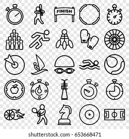 Competition icons set. set of 25 competition outline icons such as running, stopwatch, horse chess, surfing, tennis playing, baseball player, basketball