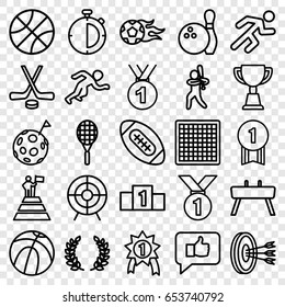 Competition icons set. set of 25 competition outline icons such as trophy, running, target, stopwatch, baseball player, football ball, tennis rocket, gymnastic apparatus