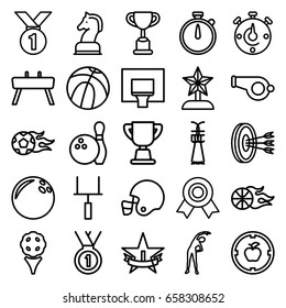 Competition icons set. set of 25 competition outline icons such as exercising, trophy, horse chess, stopwatch, medal, football ball, basketball, basketball basket