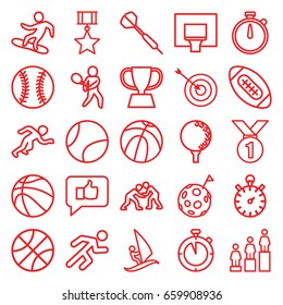 Competition icons set. set of 25 competition outline icons such as target, ranking, running, surfing, stopwatch, tennis playing, snowboard, trophy, basketball basket