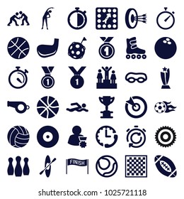 Competition icons. set of 36 editable filled competition icons such as exercising, trophy, volleyball, basketball, swimming man, swimming glasses, whistle, stopwatch, target