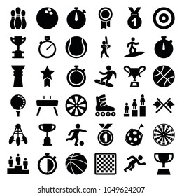 Competition icons. set of 36 editable filled competition icons such as ranking, trophy, medal, chess board, dart, stopwatch, basketball, shuttlecock, baseball player