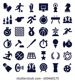 Competition icons set. set of 36 competition filled icons such as ranking, running, target, stopwatch, auction, snowboard, basketball basket, gymnastic apparatus, olive branch