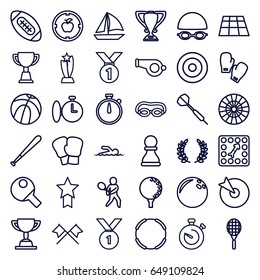 Competition icons set. set of 36 competition outline icons such as trophy, board game, stopwatch, swimmer, tennis playing, tennis rocket, golf ball, olive branch