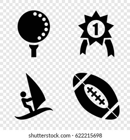 Competition icons set. set of 4 competition filled icons such as golf ball, american football, surfing