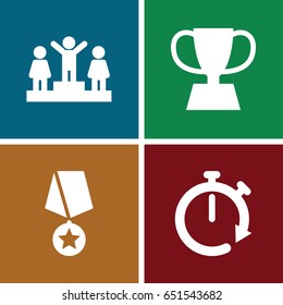 Competition icons set. set of 4 competition filled icons such as ranking, trophy, stopwatch