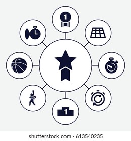 Competition icons set. set of 9 competition filled icons such as stopwatch, baseball player, basketball, ranking, number 1 medal, medal with star