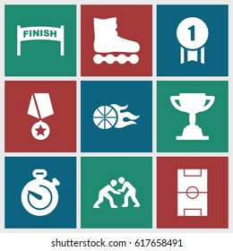 Competition icons set. set of 9 competition filled icons such as stopwatch, football pitch, basketball, judo, trophy, number 1 medal, medal with star, roller skate