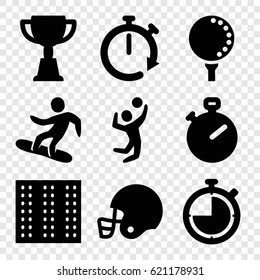 Competition icons set. set of 9 competition filled icons such as field, trophy, snowboard, volleyball player, golf ball, american football helmet