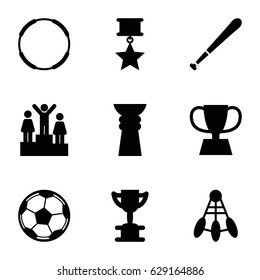 Competition icons set. set of 9 competition filled icons such as trophy, baseball bat, fotball, ranking, medal with star, shuttlecock