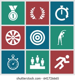 Competition icons set. set of 9 competition filled icons such as exercising, running, medal, ranking, stopwatch, olive branch, dart