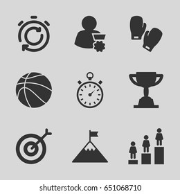 Competition icons set. set of 9 competition filled icons such as ranking, stopwatch, boxing gloves, basketball, trophy, man with medal, flag on mountain