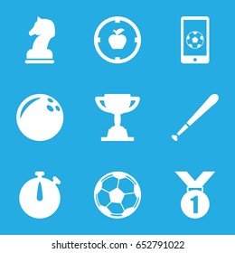 Competition icons set. set of 9 competition filled icons such as football on phone, baseball bat, fotball, horse chess, stopwatch, apple target, trophy, bowling ball