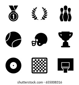 Competition icons set. set of 9 competition filled icons such as medal, basketball basket, olive branch, tennis ball, bowling, american football helmet, trophy, chess board