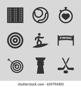 Competition icons set. set of 9 competition filled icons such as field, target, stopwatch, hockey, surfing, trophy, volleyball