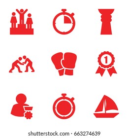 Competition icons set. set of 9 competition filled icons such as sailboat, judo, stopwatch, ranking, trophy, man with medal, number 1 medal