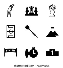 Competition icons set. set of 9 competition filled and outline icons such as ranking, dart, stopwatch, flag on mountain, exercising, football pitch, trophy