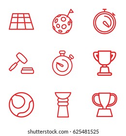 Competition icons set. set of 9 competition outline icons such as stopwatch, auction, trophy, flag on moon, volleyball