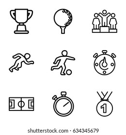 Competition icons set. set of 9 competition outline icons such as ranking, trophy, stopwatch, golf ball, running, football player, medal