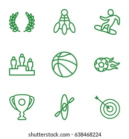 Competition icons set. set of 9 competition outline icons such as target, snowboard, football ball, ranking, olive branch, rowing, basketball, trophy