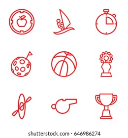 Competition icons set. set of 9 competition outline icons such as trophy, surfing, stopwatch, whistle, rowing, basketball, flag on moon