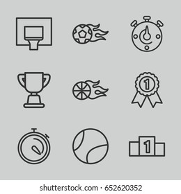 Competition icons set. set of 9 competition outline icons such as stopwatch, trophy, football ball, basketball, basketball basket, tennis ball, ranking