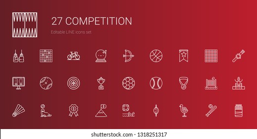competition icons set. Collection of competition with dart board, punching ball, swimming pool, goal, medal, seal, badminton, baseball. Editable and scalable competition icons.