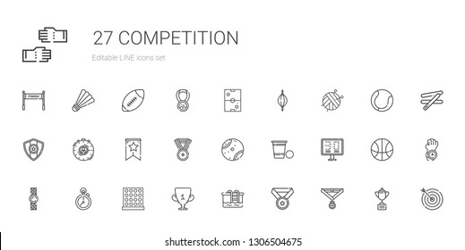 competition icons set. Collection of competition with medal, pool, trophy, tic tac toe, stopclock, watch, scoreboard, beer pong, tennis ball. Editable and scalable competition icons.