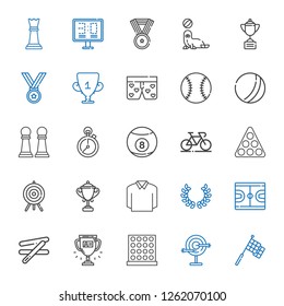 competition icons set. Collection of competition with racing, dart board, tic tac toe, trophy, stick, basketball, laurel, polo, target. Editable and scalable competition icons.