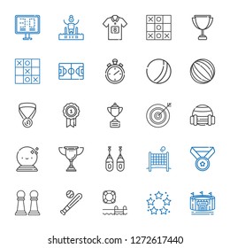 competition icons set. Collection of competition with stadium, best, swimming pool, baseball, pawn, medal, volley, boxing, trophy, ball. Editable and scalable competition icons.