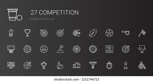 competition icons set. Collection of competition with stopwatch, medal, podium, bowling, trophy, dart board, goal, tic tac toe, ball. Editable and scalable competition icons.