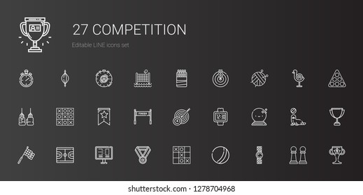 competition icons set. Collection of competition with watch, ball, tic tac toe, medal, scoreboard, basketball, racing, target, finish. Editable and scalable competition icons.