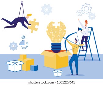 Competition and Idea Theft Flat Metaphor Cartoon. Cartoon Man Hanging on Spy Rope Stealing Puzzle Piece. Guy with Bow Aiming Burglar. Team Leader on Ladder Point to Thievery. Flat Vector Illustration