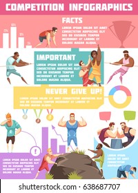 Competition infographics with male cartoon sportsman characters awards medals circular graphs thought bubbles and editable text vector illustration
