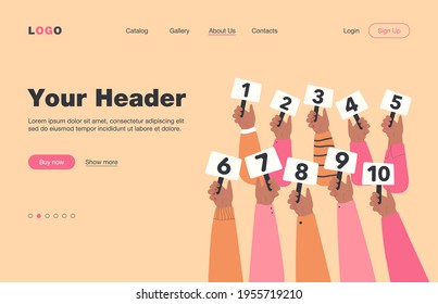 Competition judges vector illustration. Line of hands holding and showing scorecards with scores or grades. For contest game, jury, evaluation, feedback, vote concept