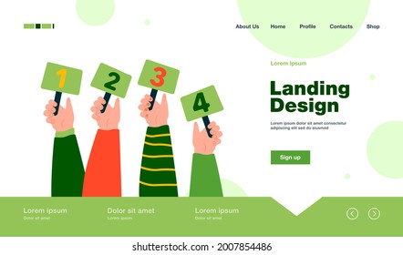 Competition judges vector illustration. Line of hands holding and showing scorecards with scores or grades. For contest game, jury, evaluation, feedback, vote concept