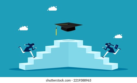 Competition and learning motivation. businesswoman runs up the stairs to win a graduation cap