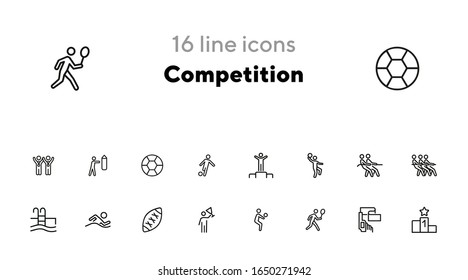 Juego de iconos de línea de competencia. Ganador, atleta, deportista, jugador, equipo. Concepto deportivo. Se puede usar para temas como concurso, liderazgo, victoria