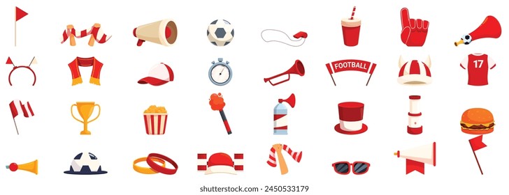 Competition match attributes icons set cartoon vector. Sport team. Game fan