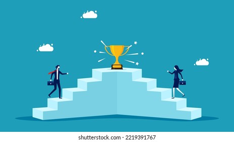 Competition and motivation for success. Businessmen walk up the stairs competing for trophies