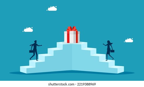 Competition and motivation to work. A businessman walks up the stairs to win a gift box