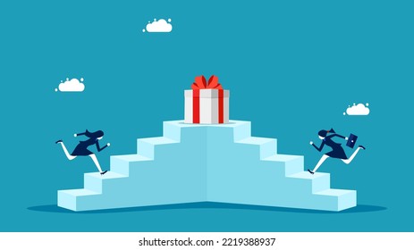 Competition and motivation to work. businesswoman runs up the stairs to win a gift box