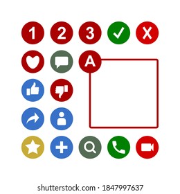 Competition Number Ranking Icon Pack. Online Profile Social Media Symbols. Like Share Dislike Dial Comment Heart React Add Friend Search Message Call Love Contacts People Check Cross Signs. Chat App.
