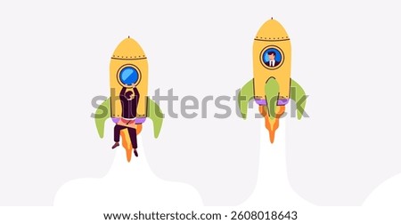 Competition. One rocket flies faster. Success and failure. Rocket ship with fire launch in the sky. Vector illustration. Business, investments, start up concept. Man in suit. Broken crashed spaceship.