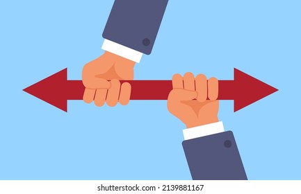 Competition Over Direction Control. Hands Hold Red Arrow, Opposite Opinion On Business Development Of Company, Managers Conflict, Alternative Path. Vector Leadership Concept